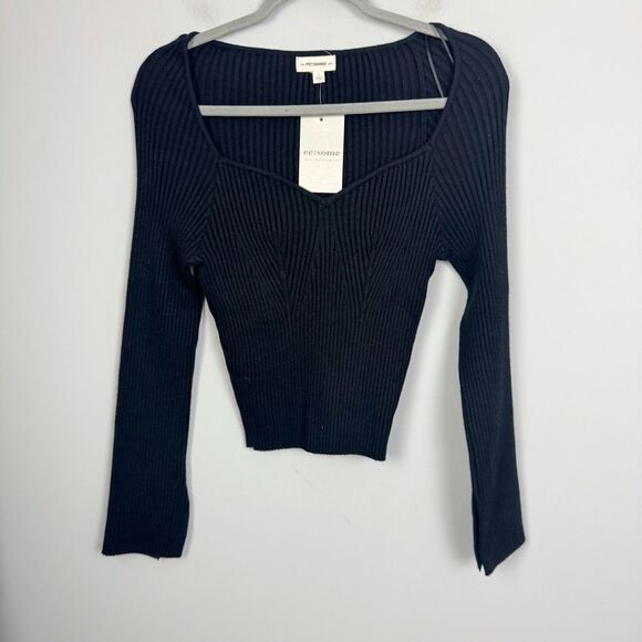 EESOME | NEW Sweetheart Ribbed Knit Black Long Sleeve Top Women’s Size Large - Picture 5 of 11